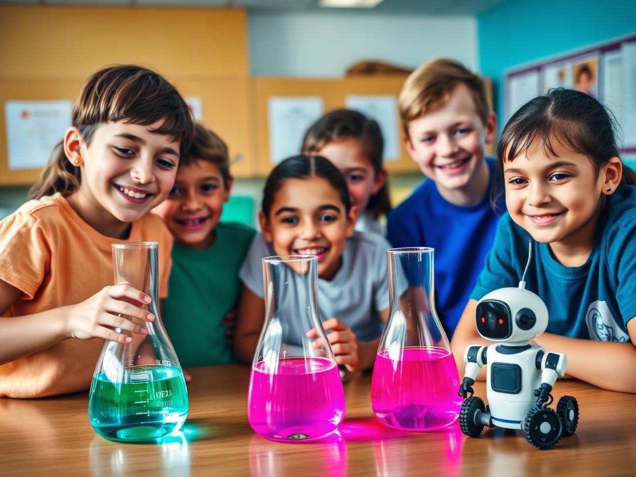 Niños felices haciendo experimentos de ciencia con un pequeño robot