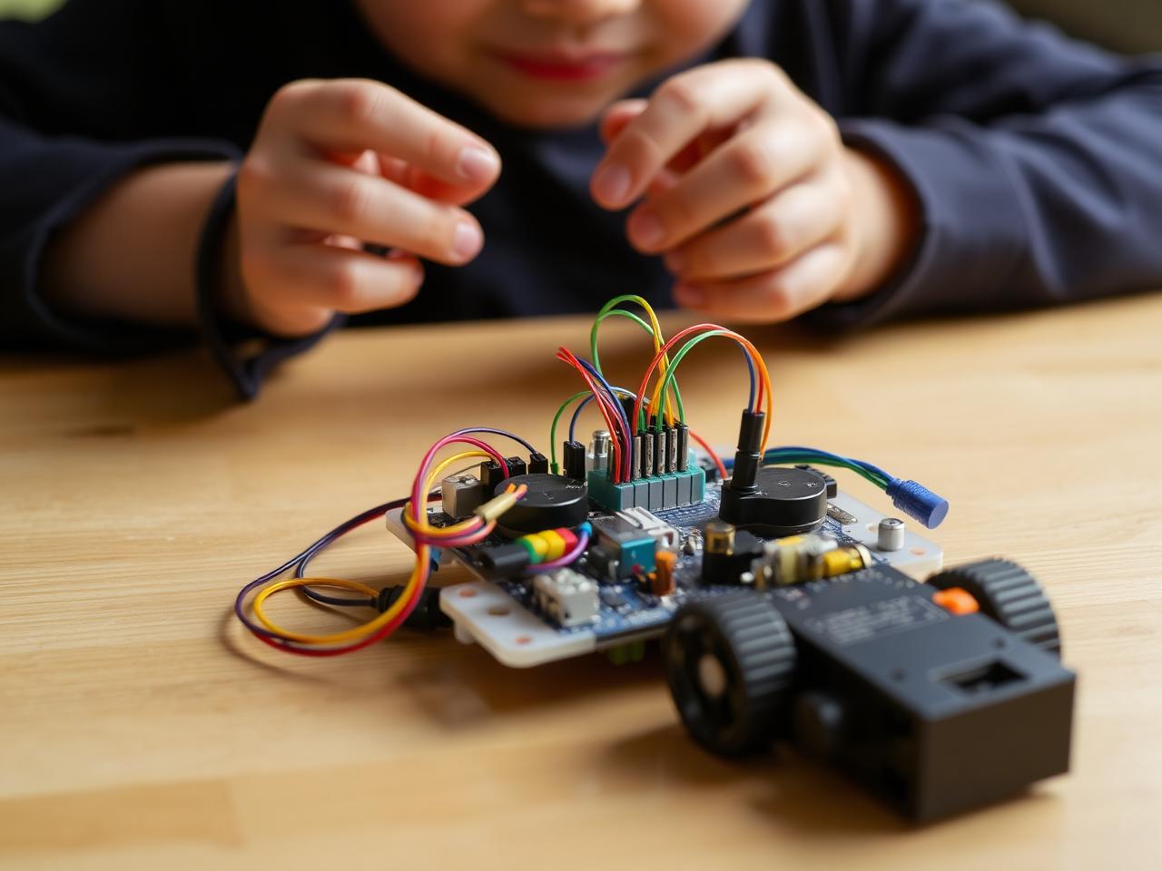 Manos de un niño construyendo un robot con circuitos y cables